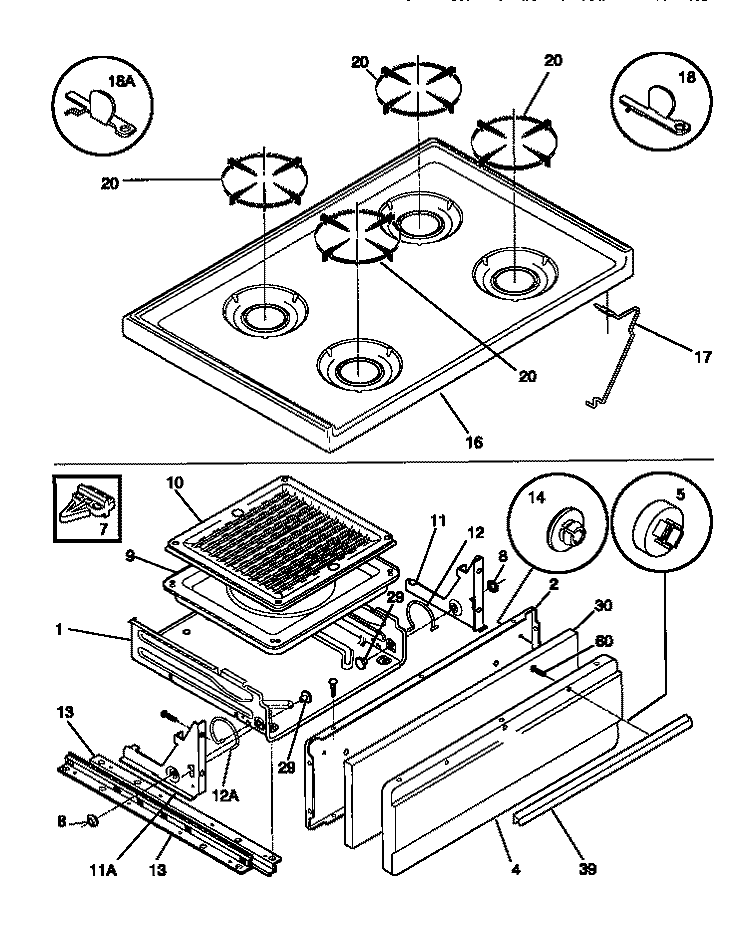 TOP / DRAWER Diagram and Parts List for 30-2232-00-04  Tappan Range