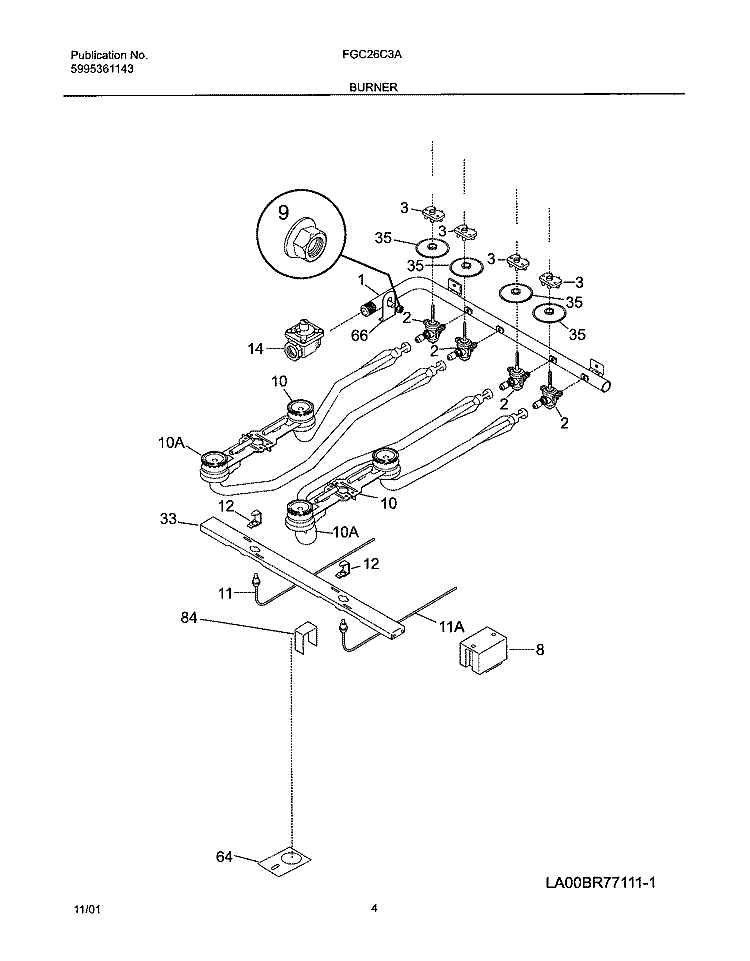 BURNER Diagram and Parts List for FGC26C3AWA  Frigidaire Cooktop
