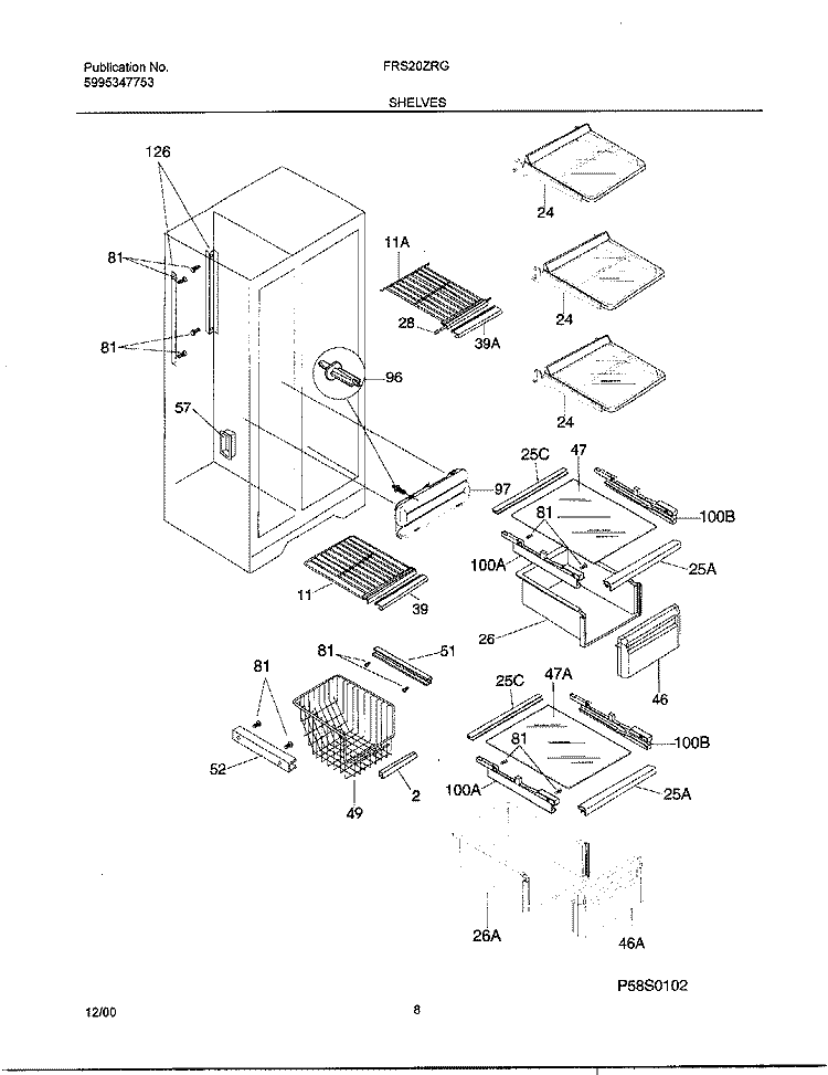 SHELVES Diagram and Parts List for FRS20ZRGWA  Frigidaire Refrigerator