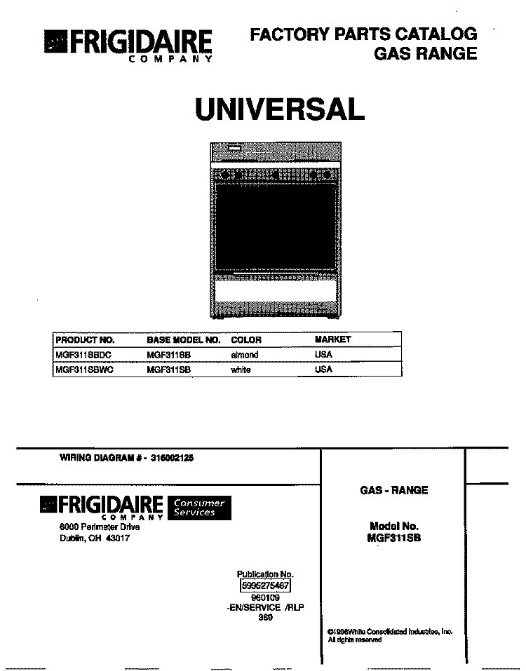 COVER Diagram and Parts List for MGF311SBWC  Frigidaire Range