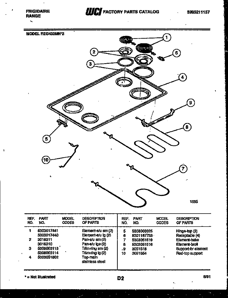 COOKTOP AND BROILER PARTS Diagram and Parts List for REG433MNW2  Frigidaire Range