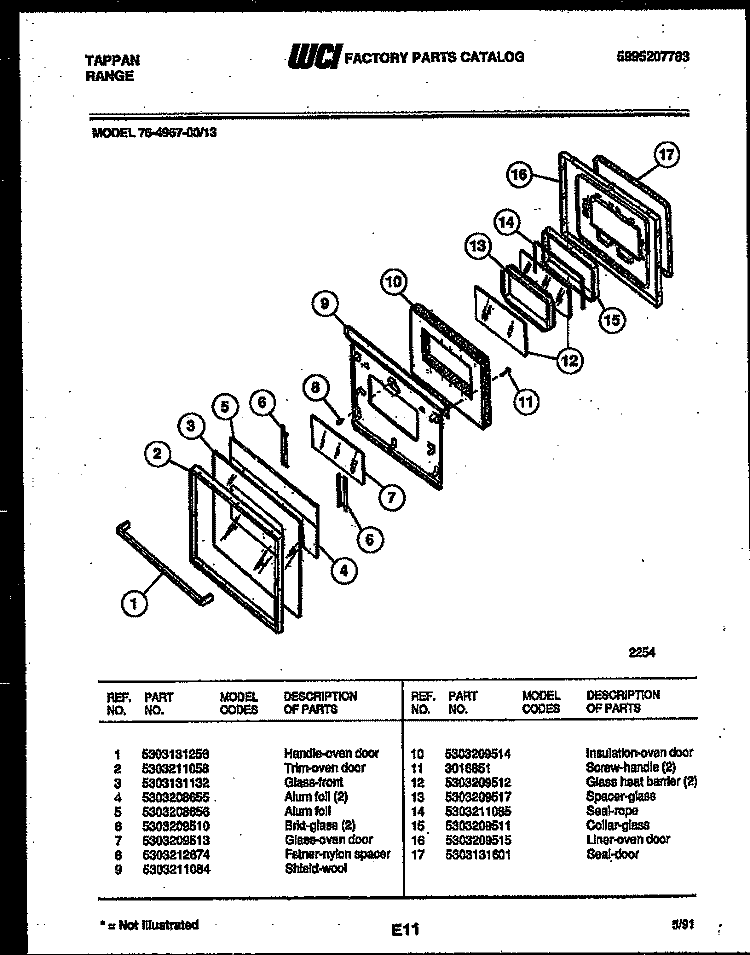 LOWER OVEN DOOR PARTS Diagram and Parts List for 76-4967-00-13  Tappan Microwave Oven Combo