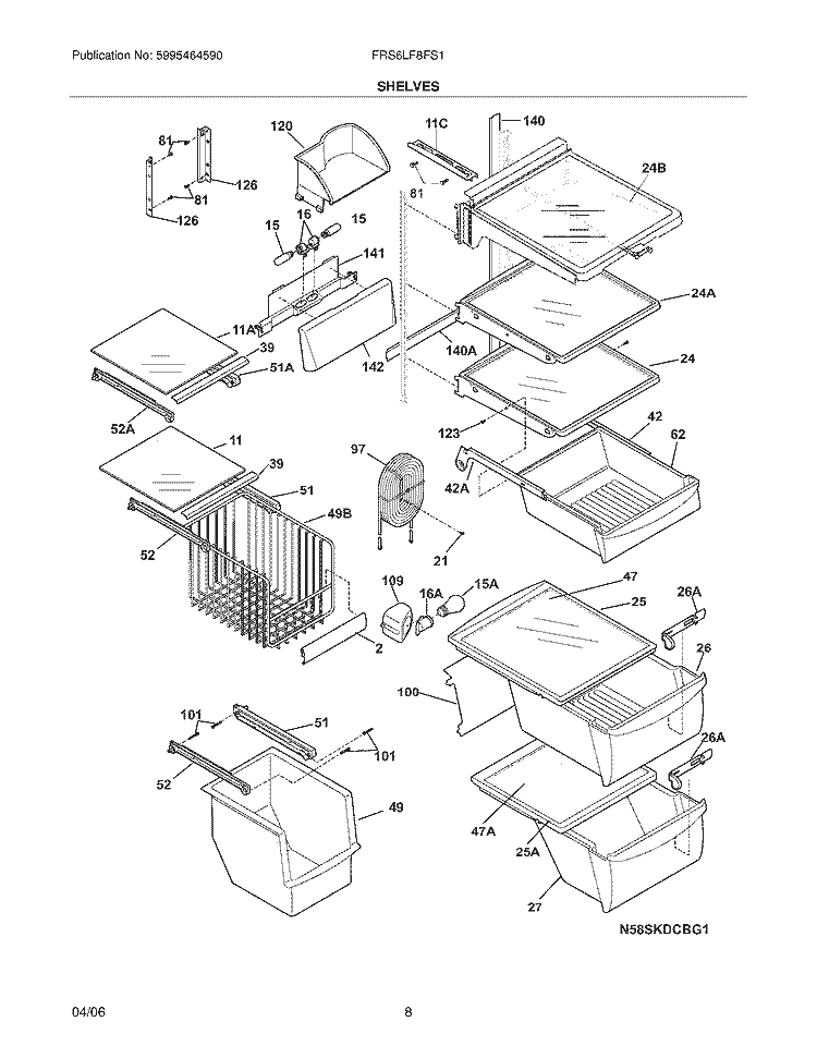 SHELVES Diagram and Parts List for FRS6LF8FS1  Frigidaire Refrigerator