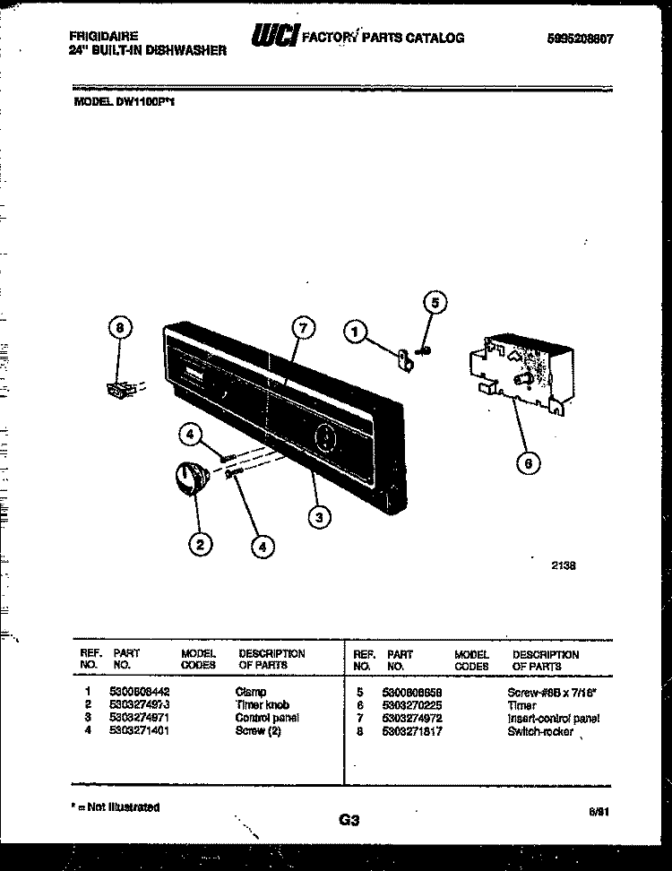 CONSOLE AND CONTROL PARTS Diagram and Parts List for DW1100PW1  Frigidaire Dishwasher