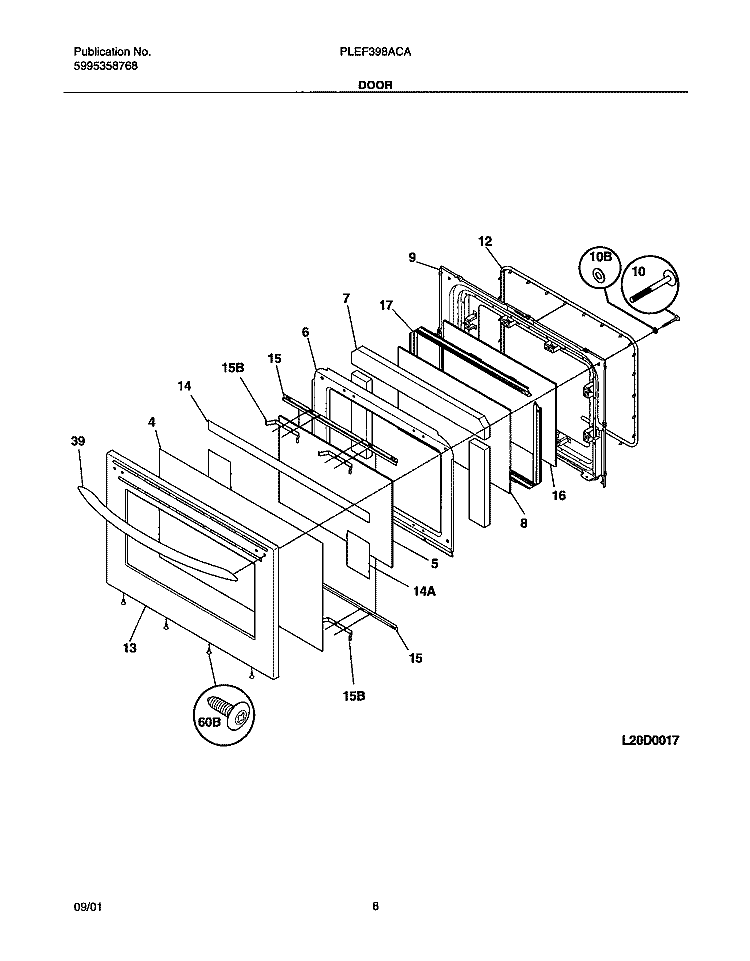DOOR Diagram and Parts List for PLEF398ACA  Frigidaire Range