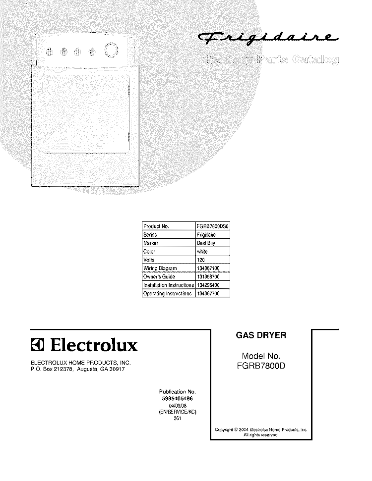 COVER Diagram and Parts List for FGRB7800DS0  Frigidaire Dryer