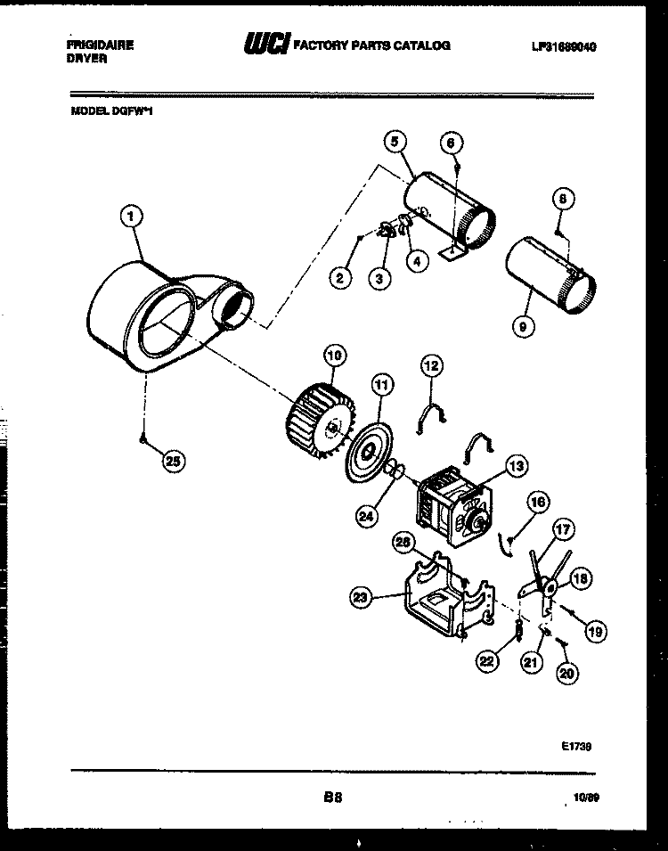 MOTOR AND BLOWER PARTS Diagram and Parts List for DGFW1  Frigidaire Dryer