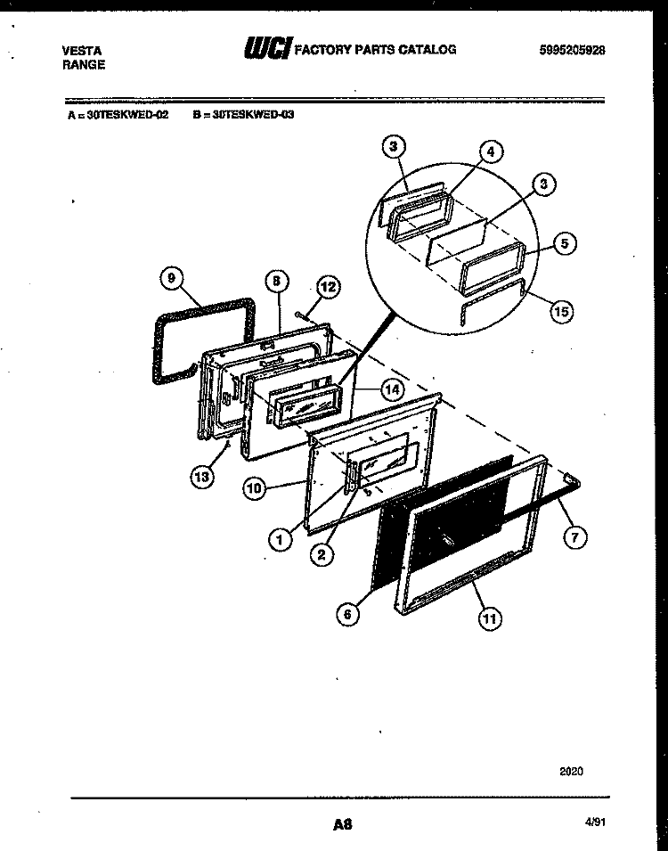 DOOR PARTS Diagram and Parts List for 30TESKWED-23-03  Tappan Range
