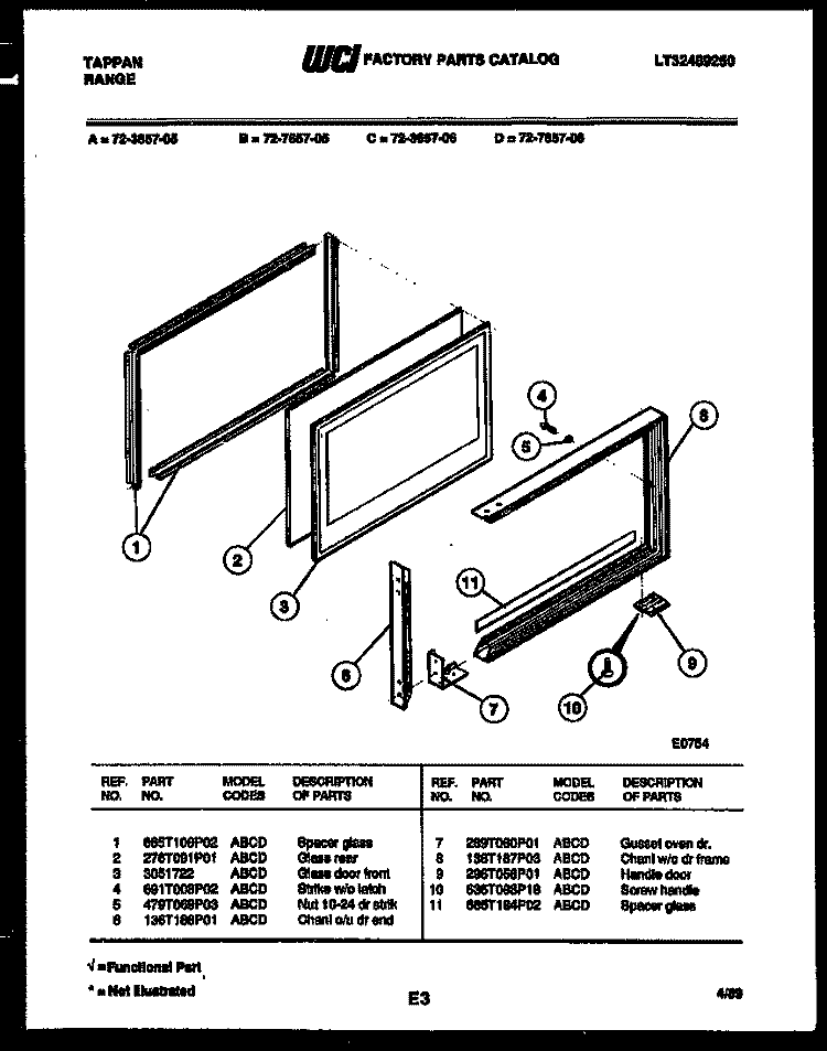 UPPER OVEN DOOR PARTS Diagram and Parts List for 72-3657-00-06  Tappan Range