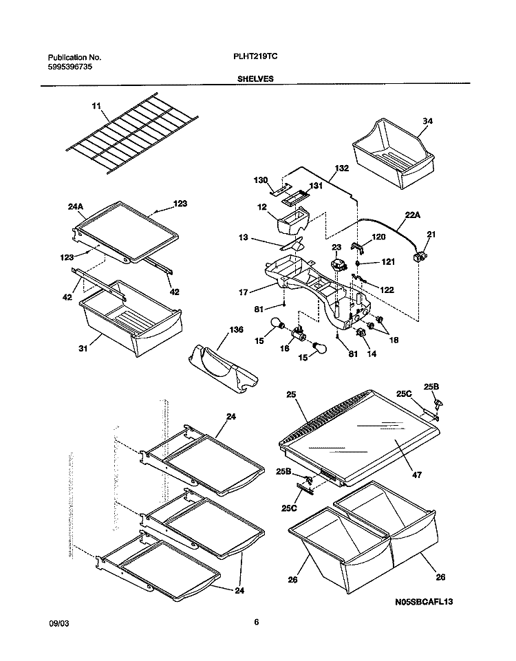 SHELVES Diagram and Parts List for PLHT219TCB2  Frigidaire Refrigerator