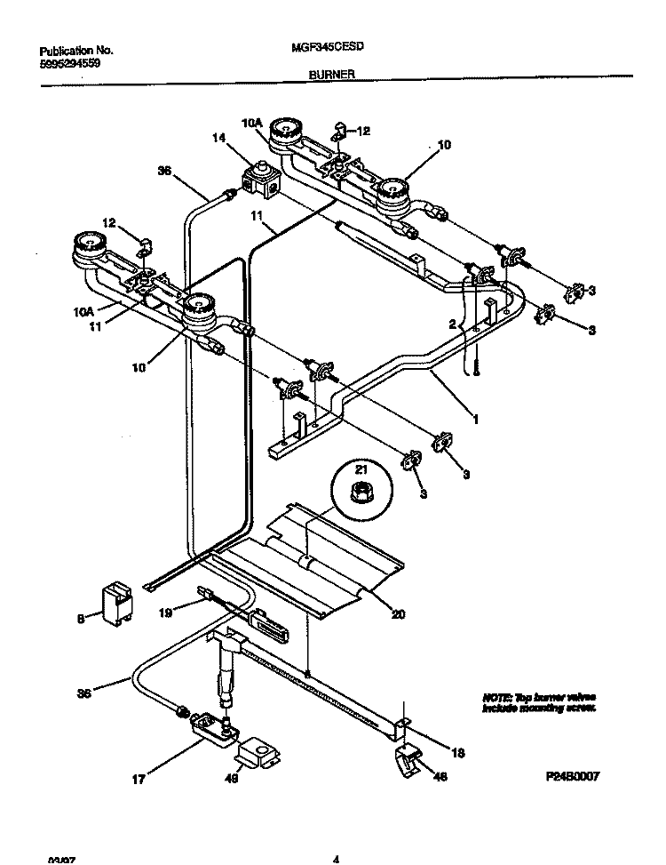 BURNER Diagram and Parts List for MGF345CESD  Frigidaire Range