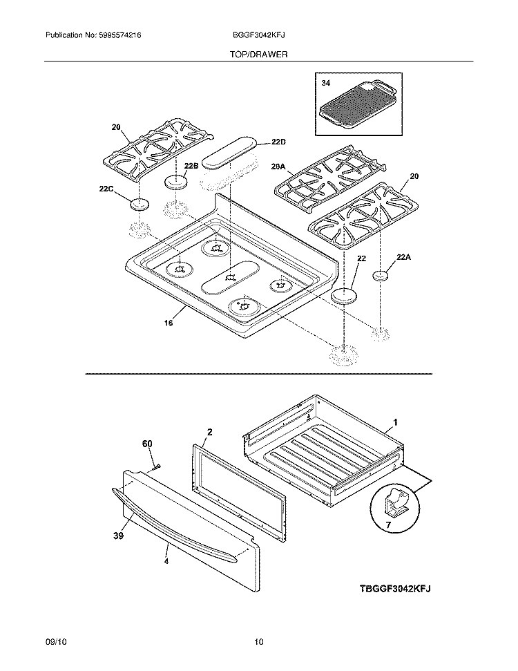 TOP/DRAWER Diagram and Parts List for BGGF3042KFJ  Frigidaire Range