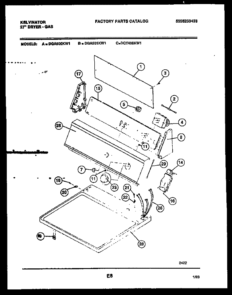 CONSOLE AND CONTROL PARTS Diagram and Parts List for DGA500KW1  Kelvinator Dryer