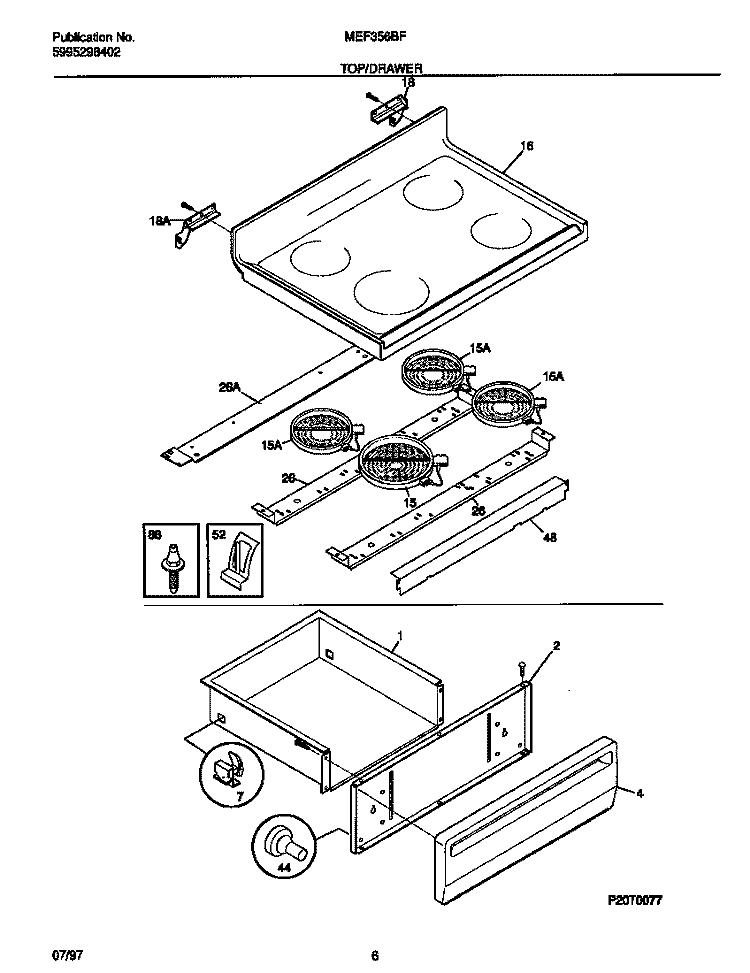 TOP / DRAWER Diagram and Parts List for MEF356BFDA  Frigidaire Range