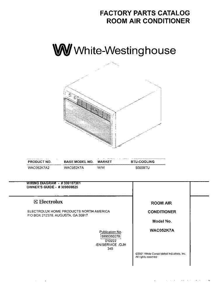 COVER Diagram and Parts List for WAC052K7A2  Westinghouse Air Conditioner