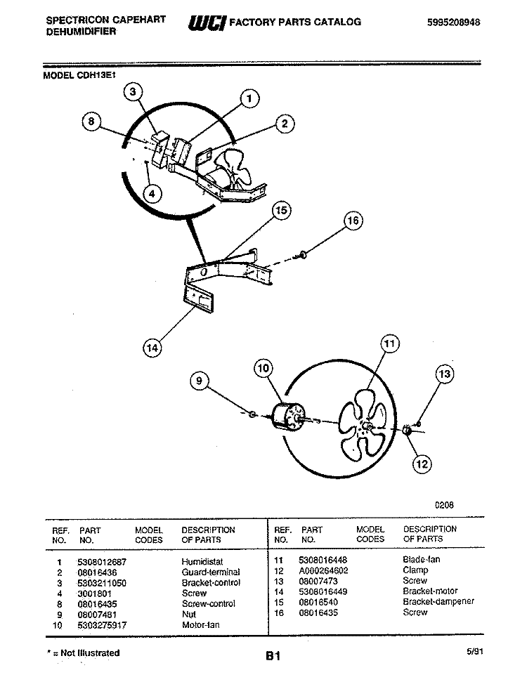 FAN Diagram and Parts List for CDH13E1  Frigidaire Dehumidifier