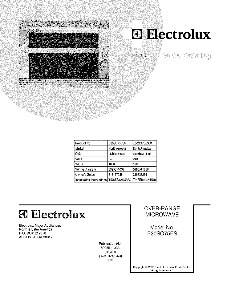 COVER Diagram and Parts List for E30SO75ESSA  Electrolux Microwave