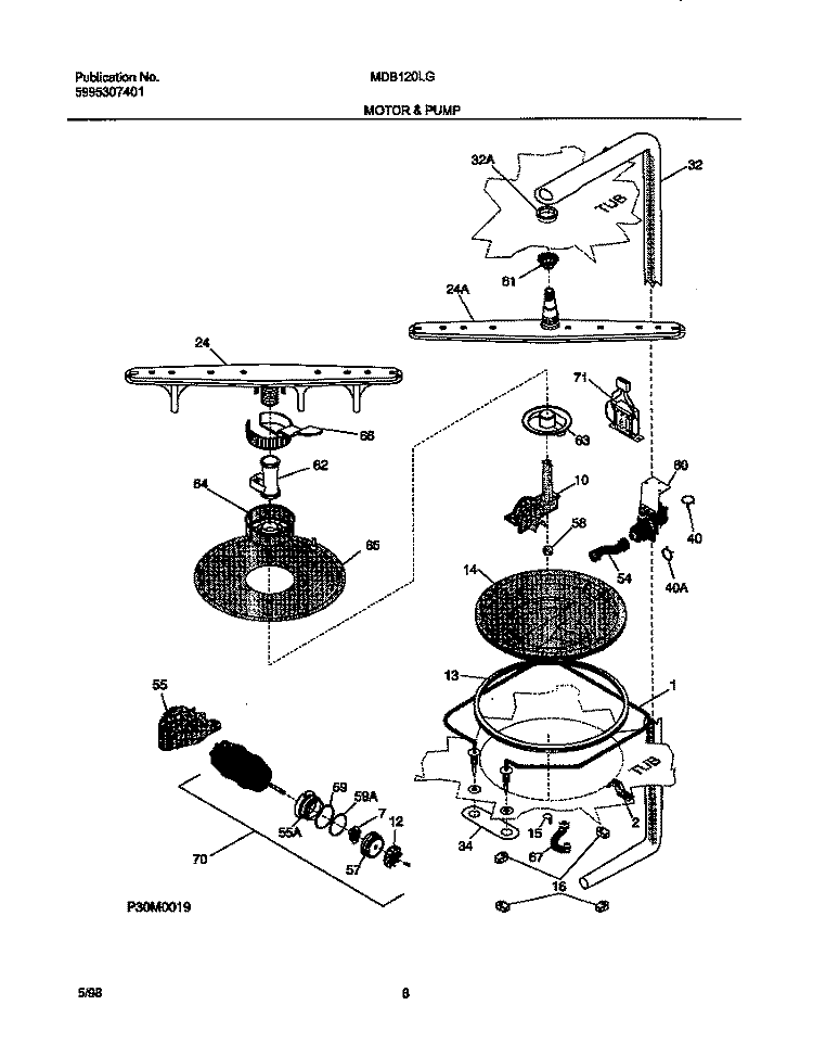 MOTOR & PUMP Diagram and Parts List for MDB120LGR0  Frigidaire Dishwasher