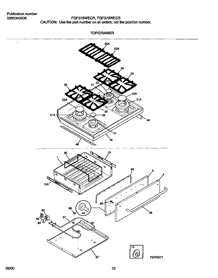 TOP / DRAWER Diagram and Parts List for FGF379WECS  Frigidaire Range