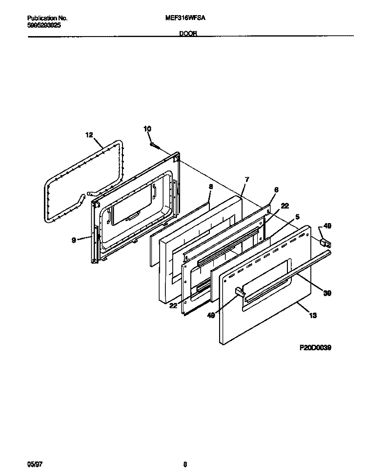 DOOR Diagram and Parts List for MEF316WFSA  Frigidaire Range