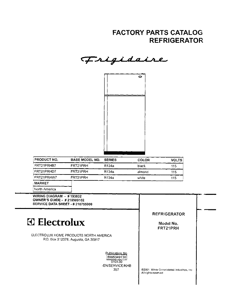 COVER Diagram and Parts List for FRT21PRHB7  Frigidaire Refrigerator