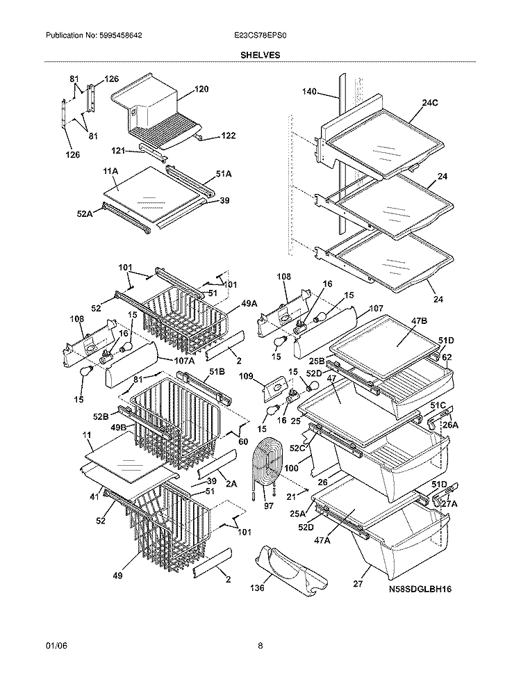SHELVES Diagram and Parts List for E23CS78EPS0  Electrolux Refrigerator