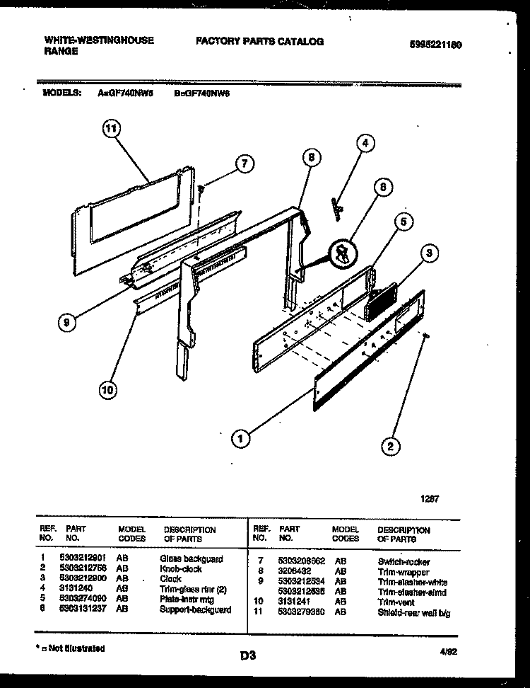BACKGUARD Diagram and Parts List for GF740ND5  Frigidaire Range