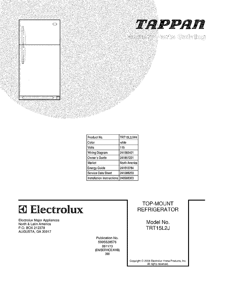 COVER Diagram and Parts List for TRT15L2JW4  Tappan Refrigerator