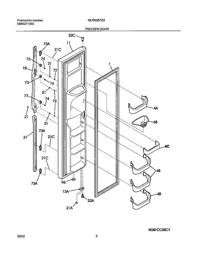 FREEZER DOOR Diagram and Parts List for GLRS267ZAW4  Frigidaire Refrigerator