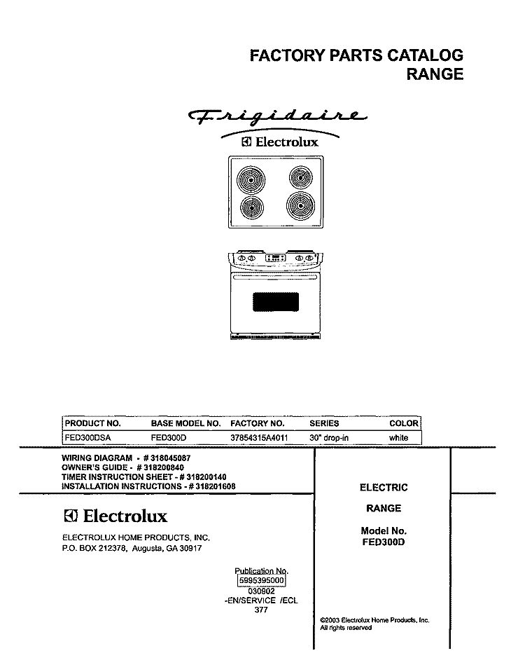 COVER Diagram and Parts List for FED300DSA  Frigidaire Range
