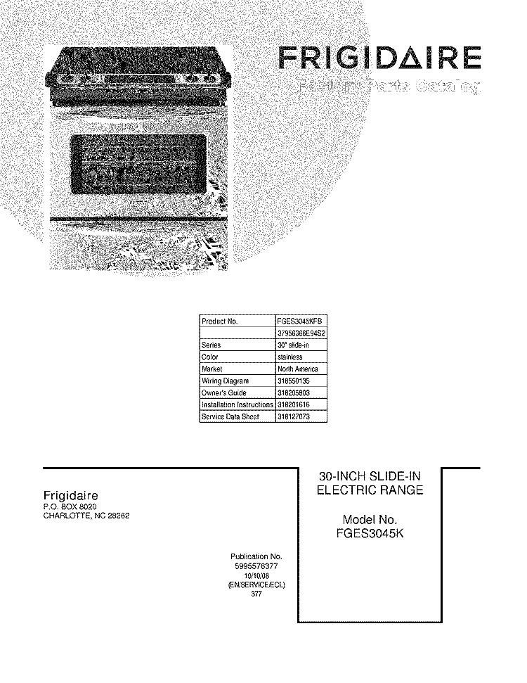 COVER Diagram and Parts List for FGES3045KFB  Frigidaire Wall Oven