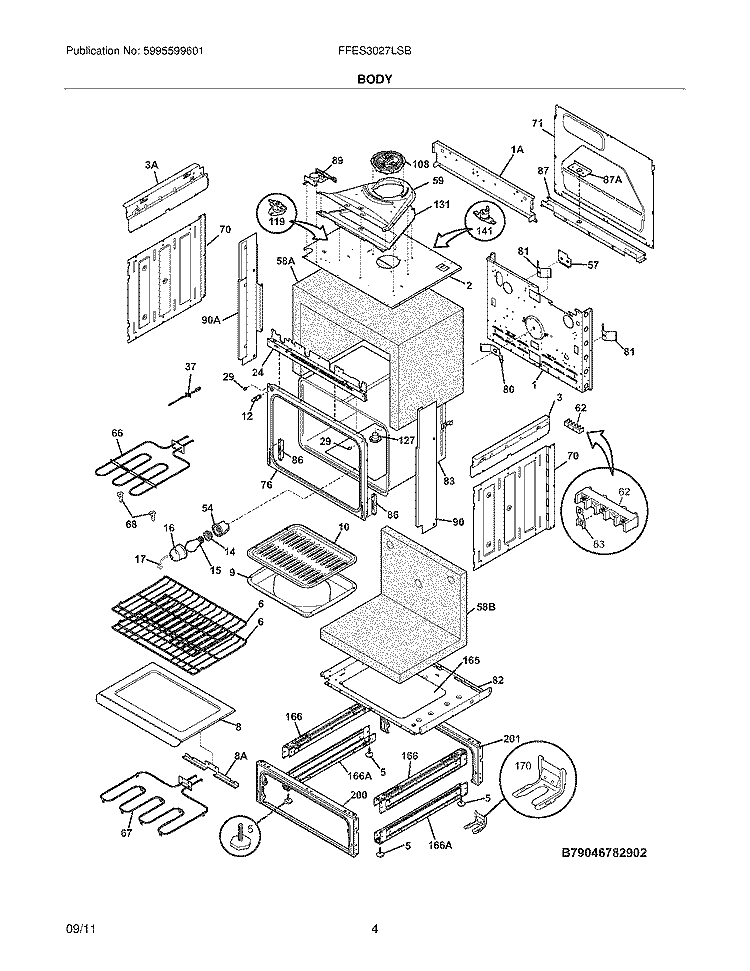 BODY Diagram and Parts List for FFES3027LSB  Frigidaire Range