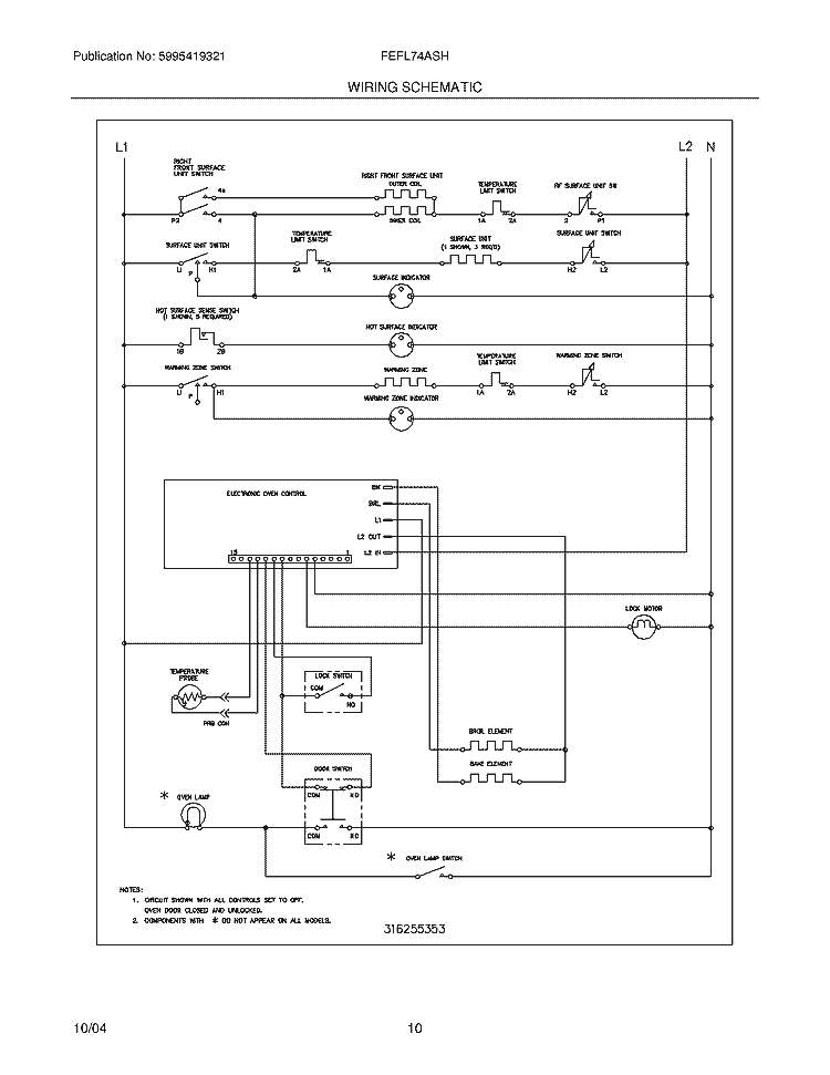 WIRING SCHEMATIC Diagram and Parts List for FEFL74ASH  Frigidaire Range