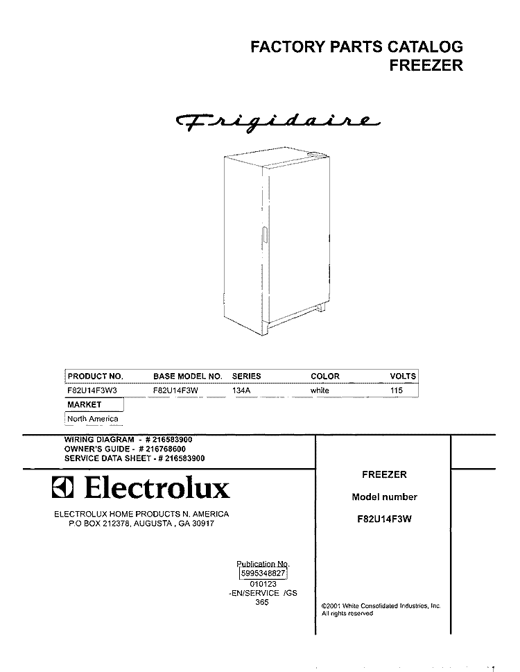 COVER Diagram and Parts List for F82U14F3W3  Frigidaire Freezer
