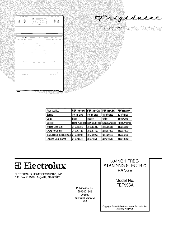 COVER Diagram and Parts List for FEF355AWH  Frigidaire Range