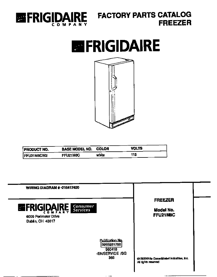 COVER Diagram and Parts List for FFU21M8CW2  Frigidaire Freezer