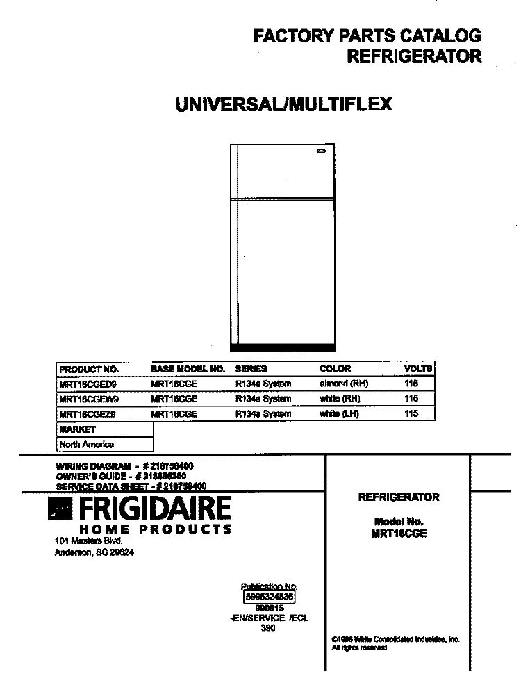 COVER Diagram and Parts List for MRT16CGEW9  Frigidaire Refrigerator