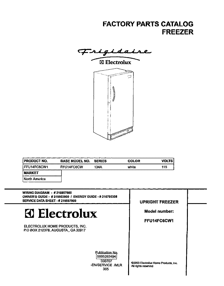COVER Diagram and Parts List for FFU14FC6CW1  Frigidaire Freezer