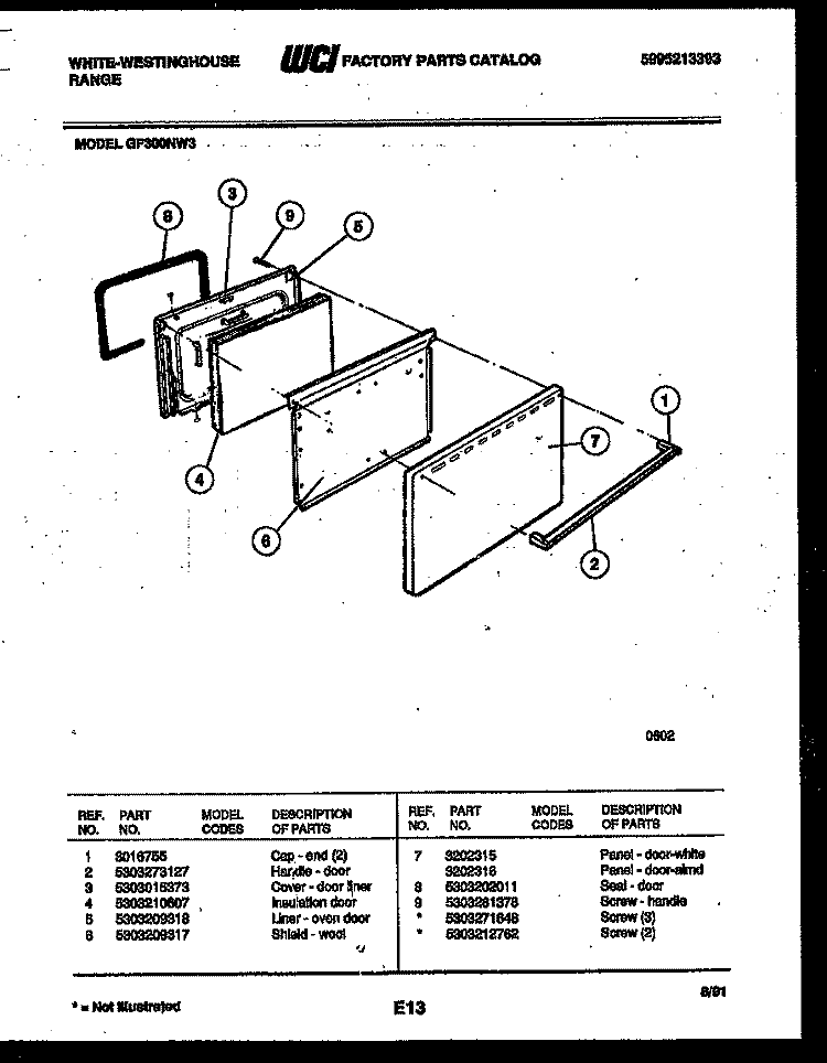 DOOR PARTS Diagram and Parts List for GF300NW3  Frigidaire Range