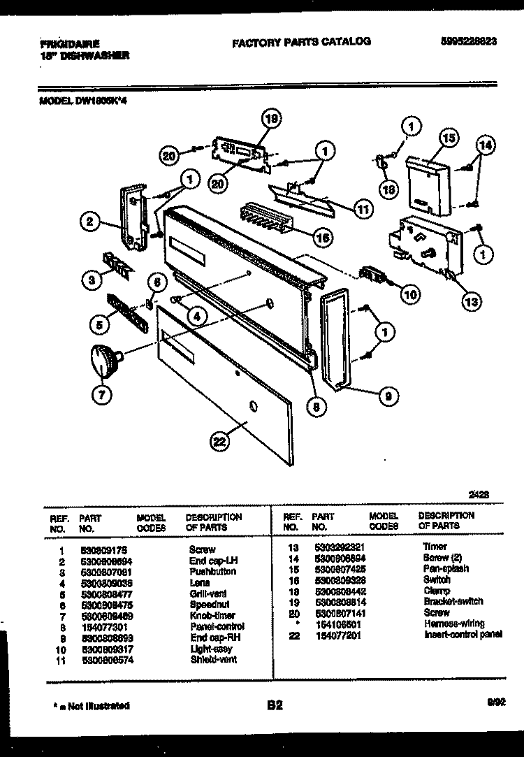 CONSOLE AND CONTROL PARTS Diagram and Parts List for DW1805KW4  Frigidaire Dishwasher