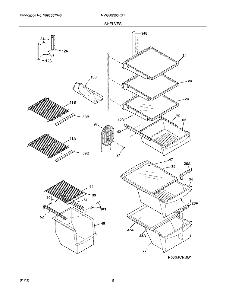 SHELVES Diagram and Parts List for NMGSS263KS1  Frigidaire Refrigerator