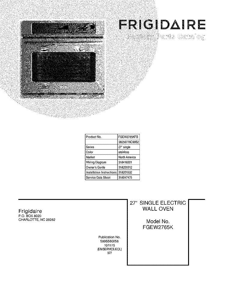COVER Diagram and Parts List for FGEW2765KFB  Frigidaire Wall Oven