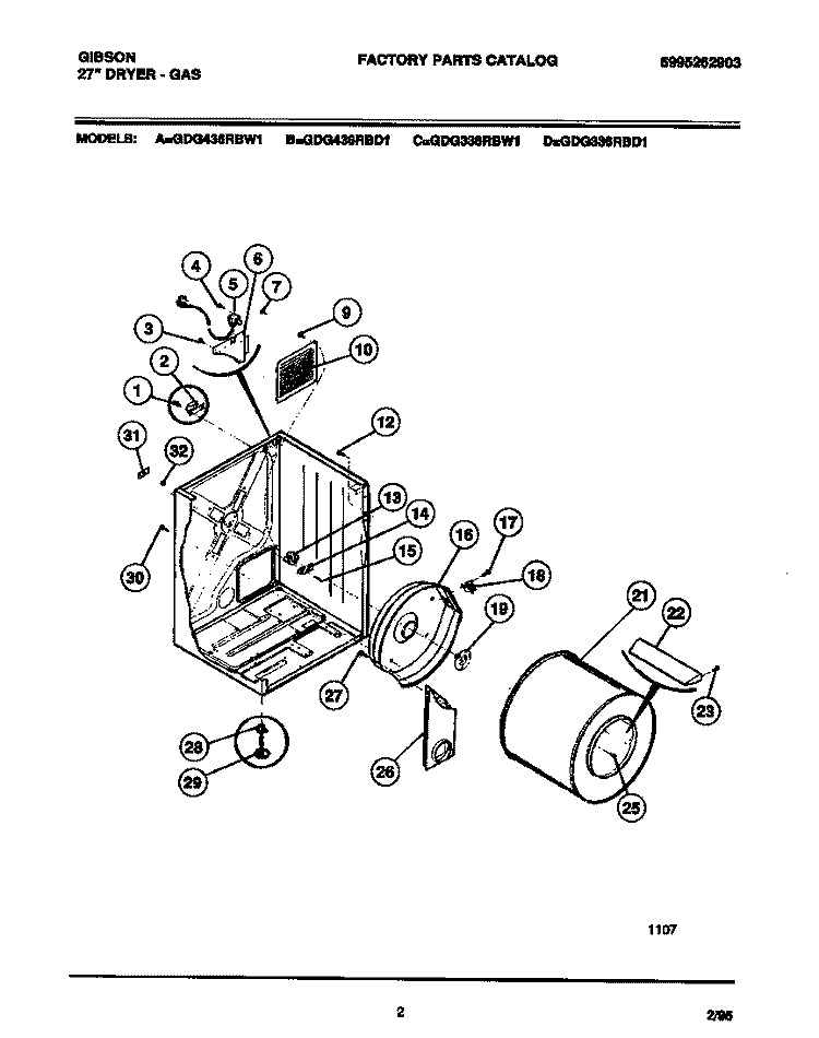 CABINET, DRUM, HEAT DUCT Diagram and Parts List for GDG336RBD1  Gibson Dryer