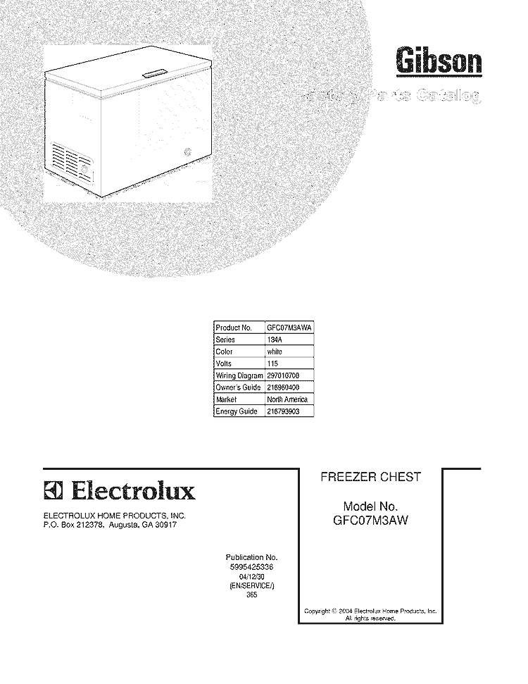 COVER Diagram and Parts List for GFC07M3AWA  Gibson Freezer