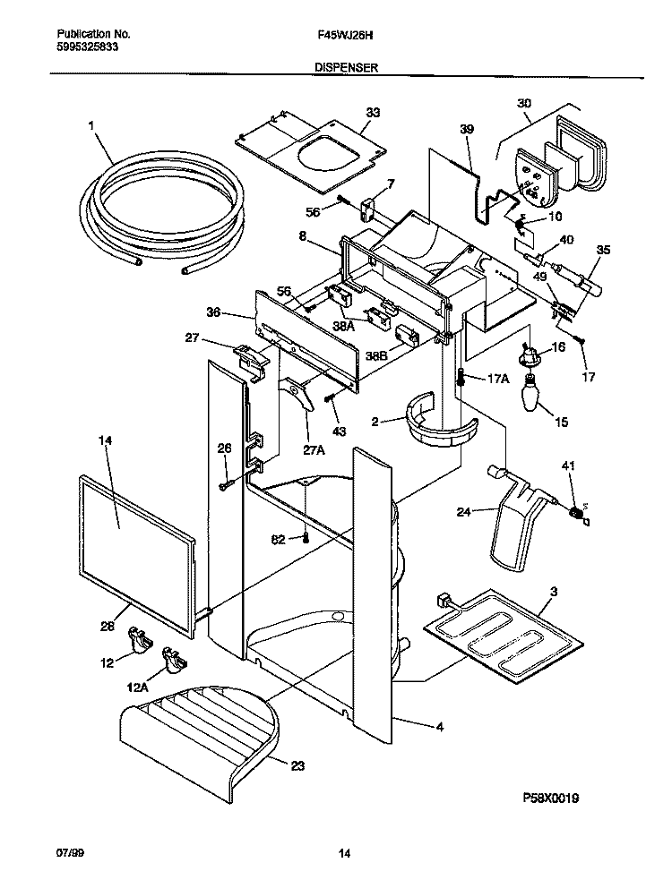 ICE DISPENSER Diagram and Parts List for F45WJ26HW2  Frigidaire Refrigerator