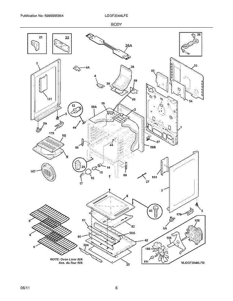 BODY Diagram and Parts List for LGGF3044LFE  Frigidaire Range