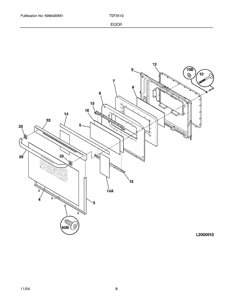 DOOR Diagram and Parts List for TEF351DUA  Tappan Range