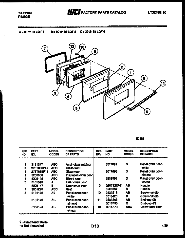 DOOR PARTS Diagram and Parts List for 30-2138-00-04  Tappan Range