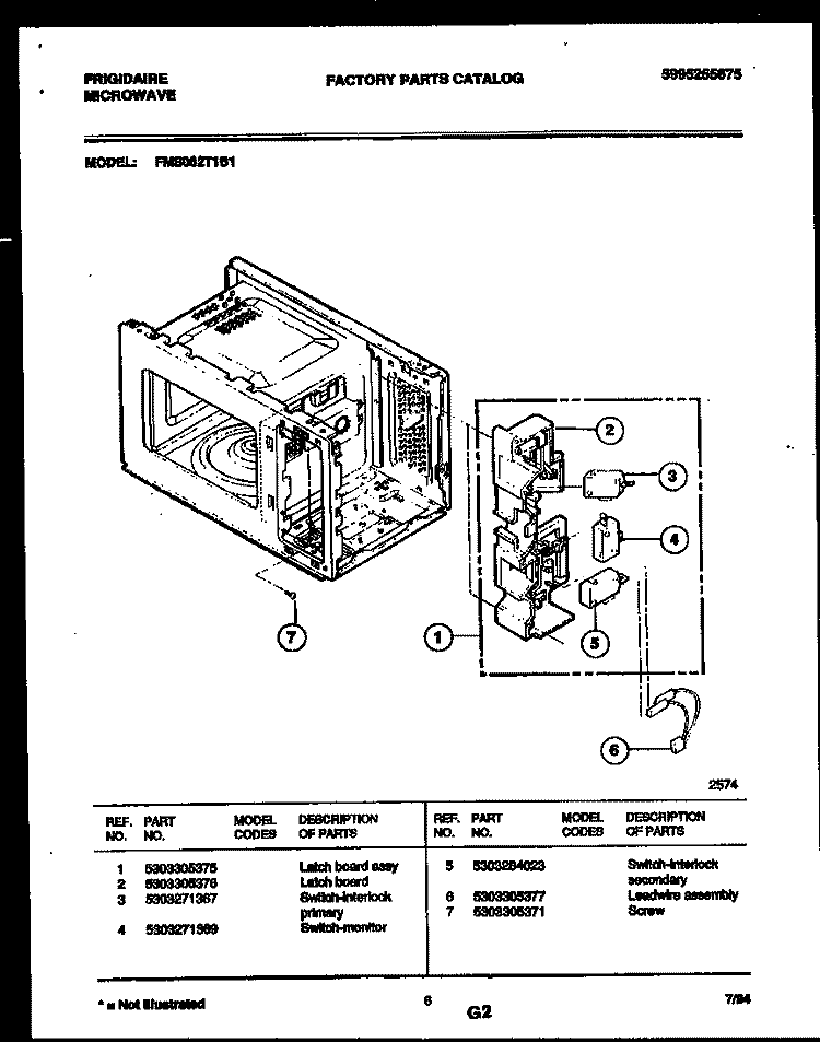 LATCH BOARD AND LEADWIRE ASSEMBLY Diagram and Parts List for FMS062T1B1  Frigidaire Microwave