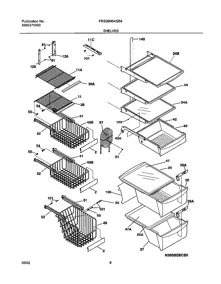 SHELVES Diagram and Parts List for FRS26H5ASB4  Frigidaire Refrigerator